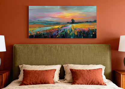 Golden Sunset Meadow Landscape Canvas Wall Art – Single & 3 Panel Split – AI PRINT LAB