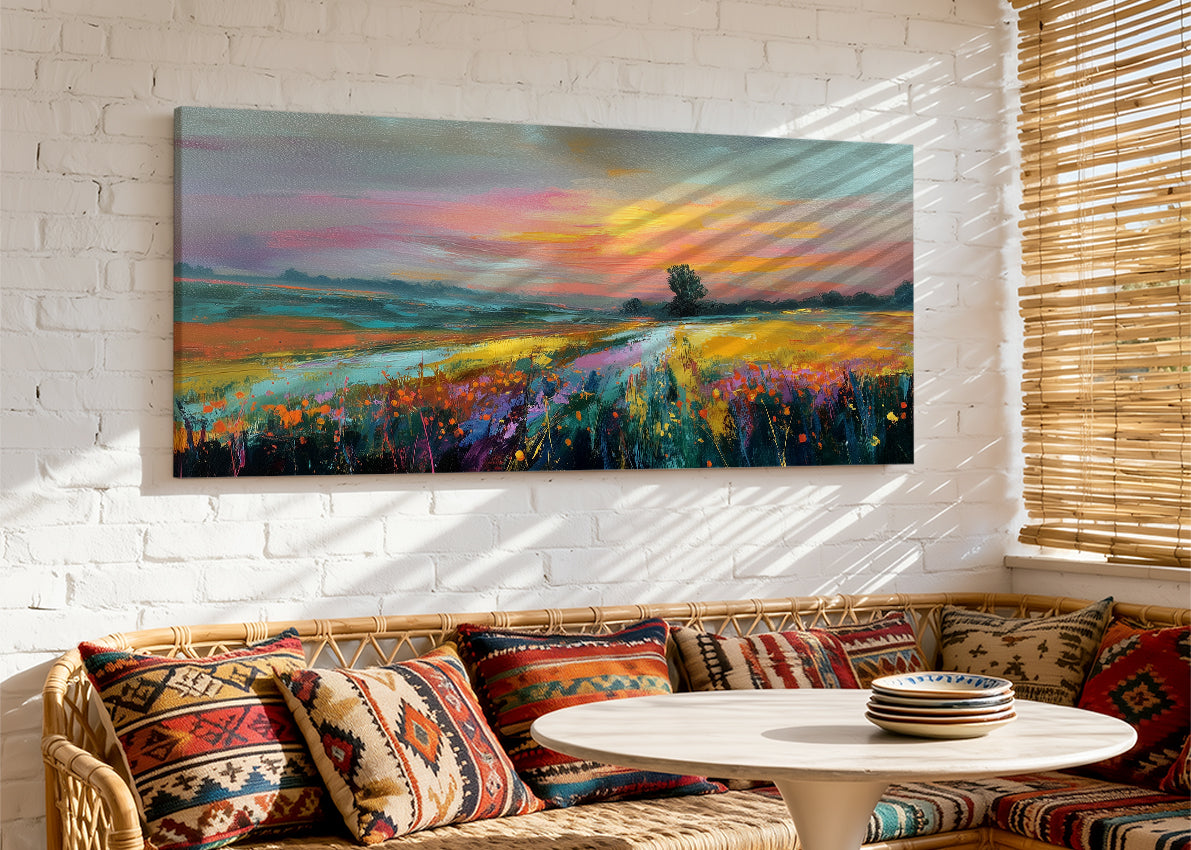 Golden Sunset Meadow Landscape Canvas Wall Art – Single & 3 Panel Split – AI PRINT LAB