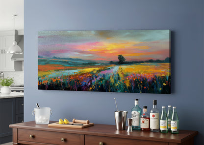 Golden Sunset Meadow Landscape Canvas Wall Art – Single & 3 Panel Split – AI PRINT LAB