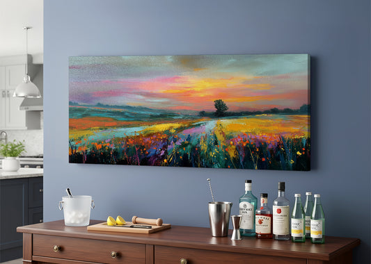 Golden Sunset Meadow Landscape Canvas Wall Art – Single & 3 Panel Split – AI PRINT LAB