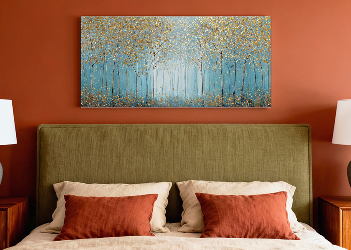 Golden Trees Blue Forest Canvas Wall Art – Elegant Minimal Woodland Landscape – Single & 3 Panel Canvas – AI PRINT LAB