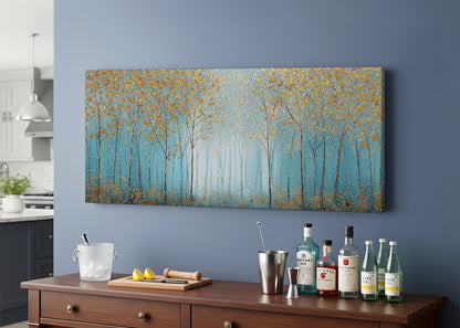 Golden Trees Blue Forest Canvas Wall Art – Elegant Minimal Woodland Landscape – Single & 3 Panel Canvas – AI PRINT LAB