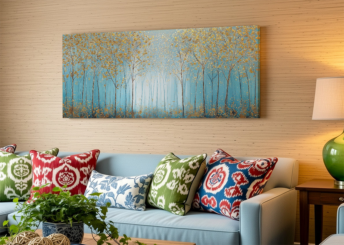 Golden Trees Blue Forest Canvas Wall Art – Elegant Minimal Woodland Landscape – Single & 3 Panel Canvas – AI PRINT LAB