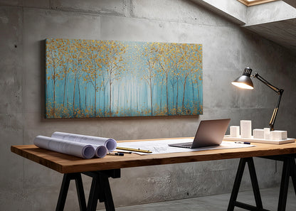 Golden Trees Blue Forest Canvas Wall Art – Elegant Minimal Woodland Landscape – Single & 3 Panel Canvas – AI PRINT LAB