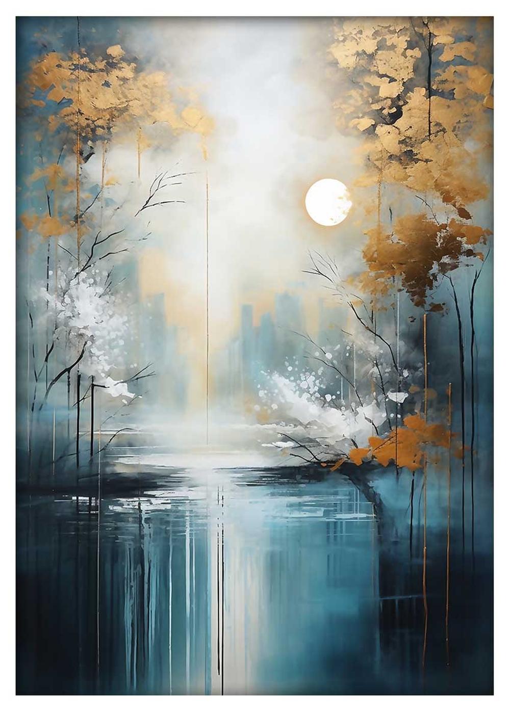 Golden Trees and Moonlit Lake Abstract Canvas Art & Poster – T736 – AiPrintLab