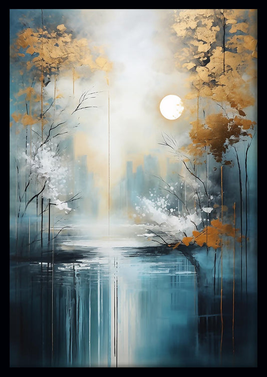 Golden Trees and Moonlit Lake Abstract Canvas Art & Poster – T736 – AiPrintLab