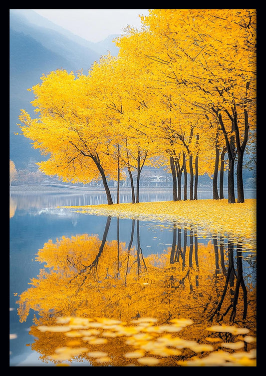 Golden Trees by the Water – Autumn Reflection Landscape Canvas & Poster – T1416 –