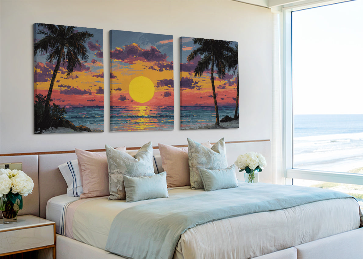 Golden Tropical Sunset Canvas Wall Art – Single & 3 Panel Split – AI PRINT LAB