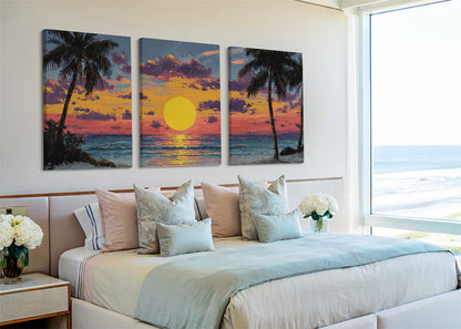 Golden Tropical Sunset Canvas Wall Art – Single & 3 Panel Split – AI PRINT LAB