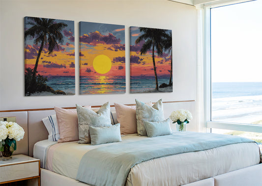 Golden Tropical Sunset Canvas Wall Art – Single & 3 Panel Split – AI PRINT LAB