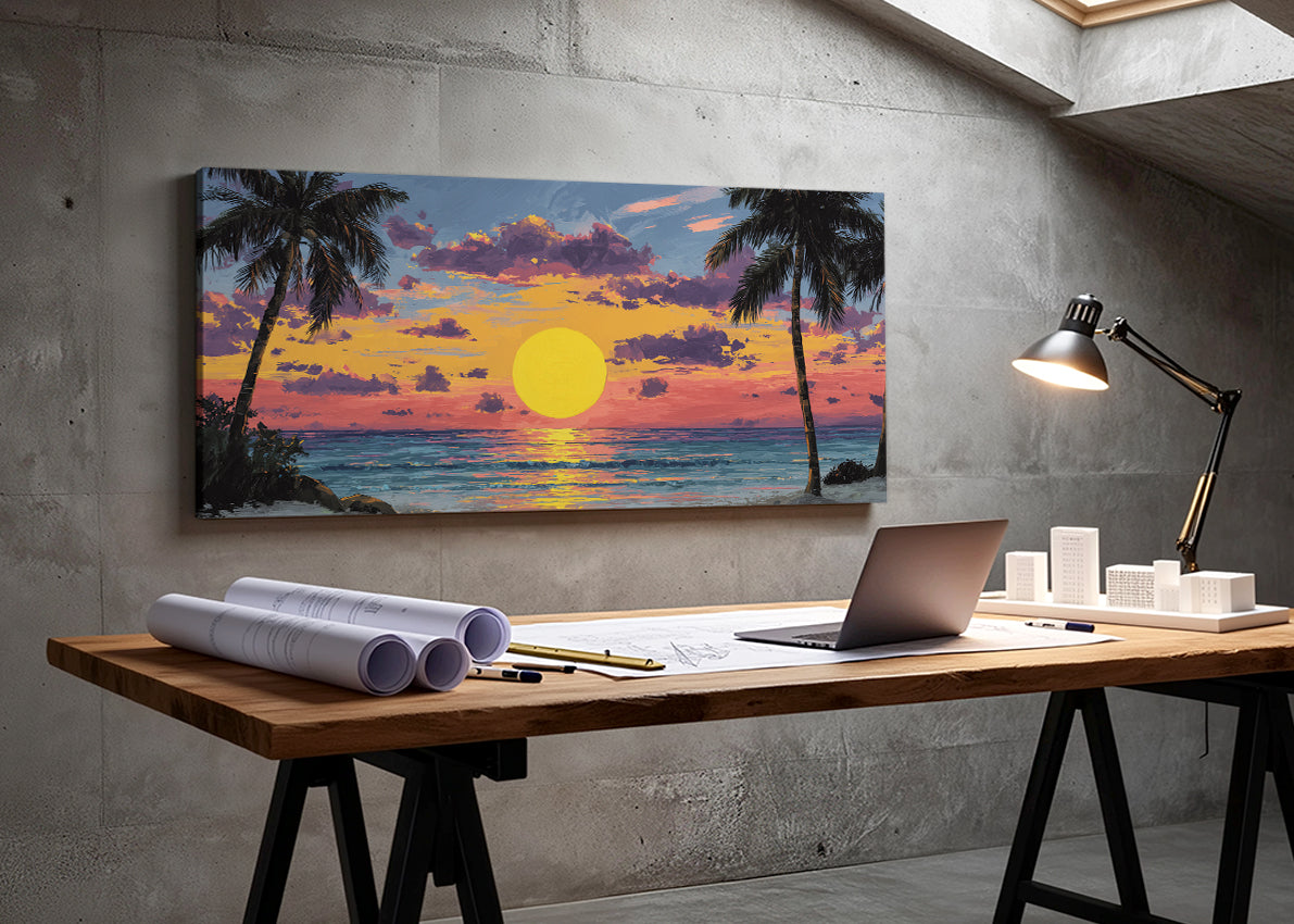 Golden Tropical Sunset Canvas Wall Art – Single & 3 Panel Split – AI PRINT LAB