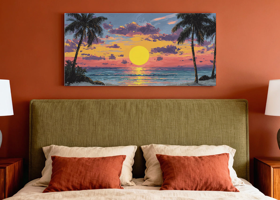 Golden Tropical Sunset Canvas Wall Art – Single & 3 Panel Split – AI PRINT LAB