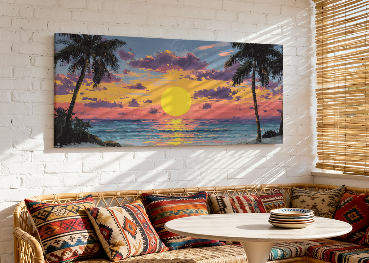 Golden Tropical Sunset Canvas Wall Art – Single & 3 Panel Split – AI PRINT LAB
