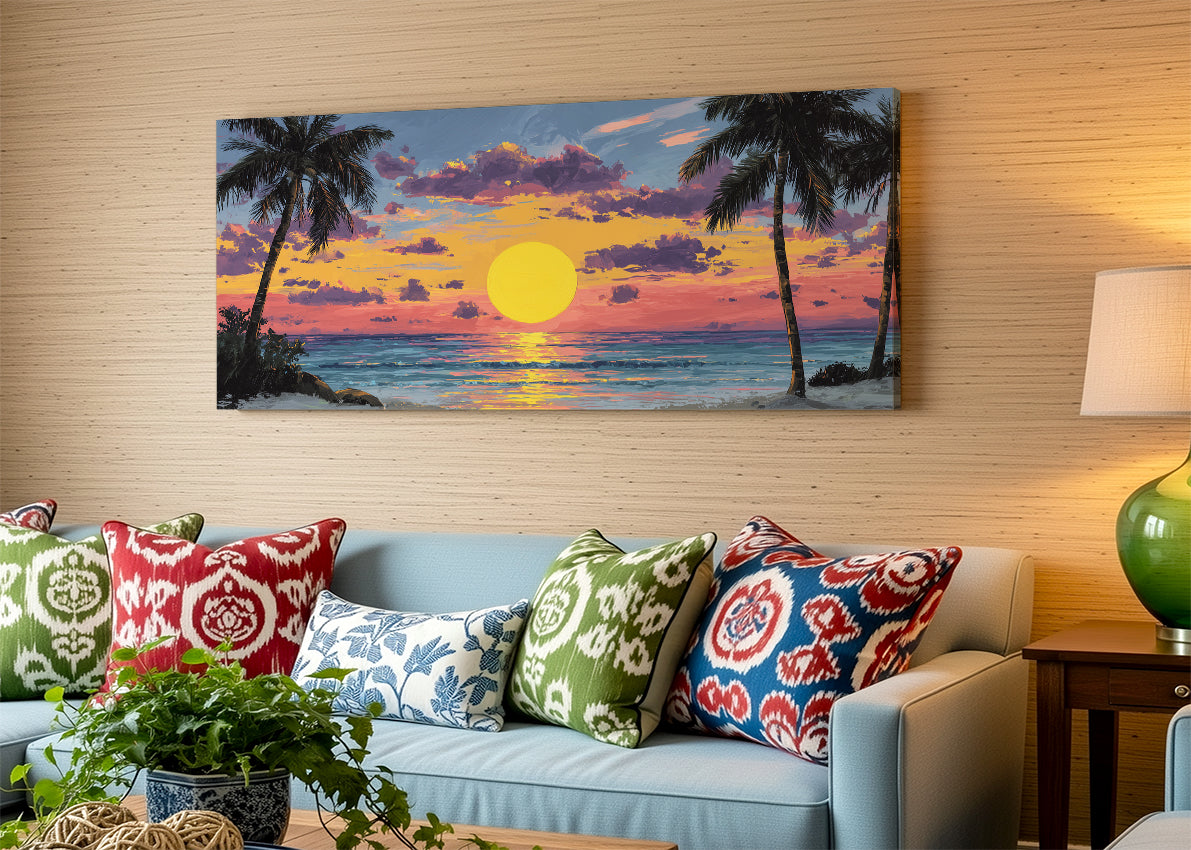 Golden Tropical Sunset Canvas Wall Art – Single & 3 Panel Split – AI PRINT LAB