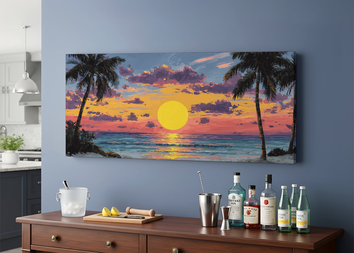 Golden Tropical Sunset Canvas Wall Art – Single & 3 Panel Split – AI PRINT LAB