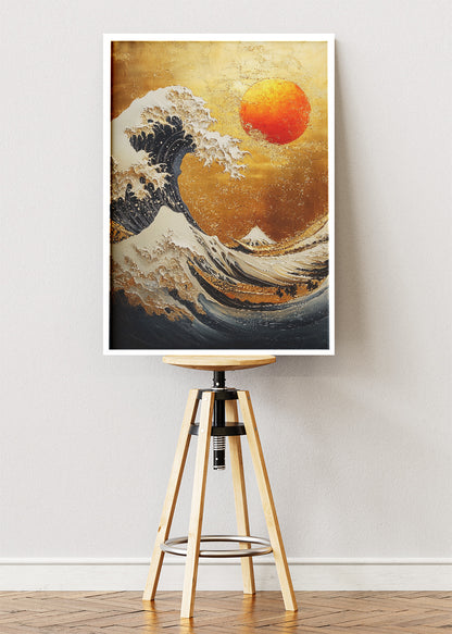 Golden Wave Under Crimson Sun – Japanese Inspired Ocean Wall Art Poster & Canvas – AI PRINT LAB