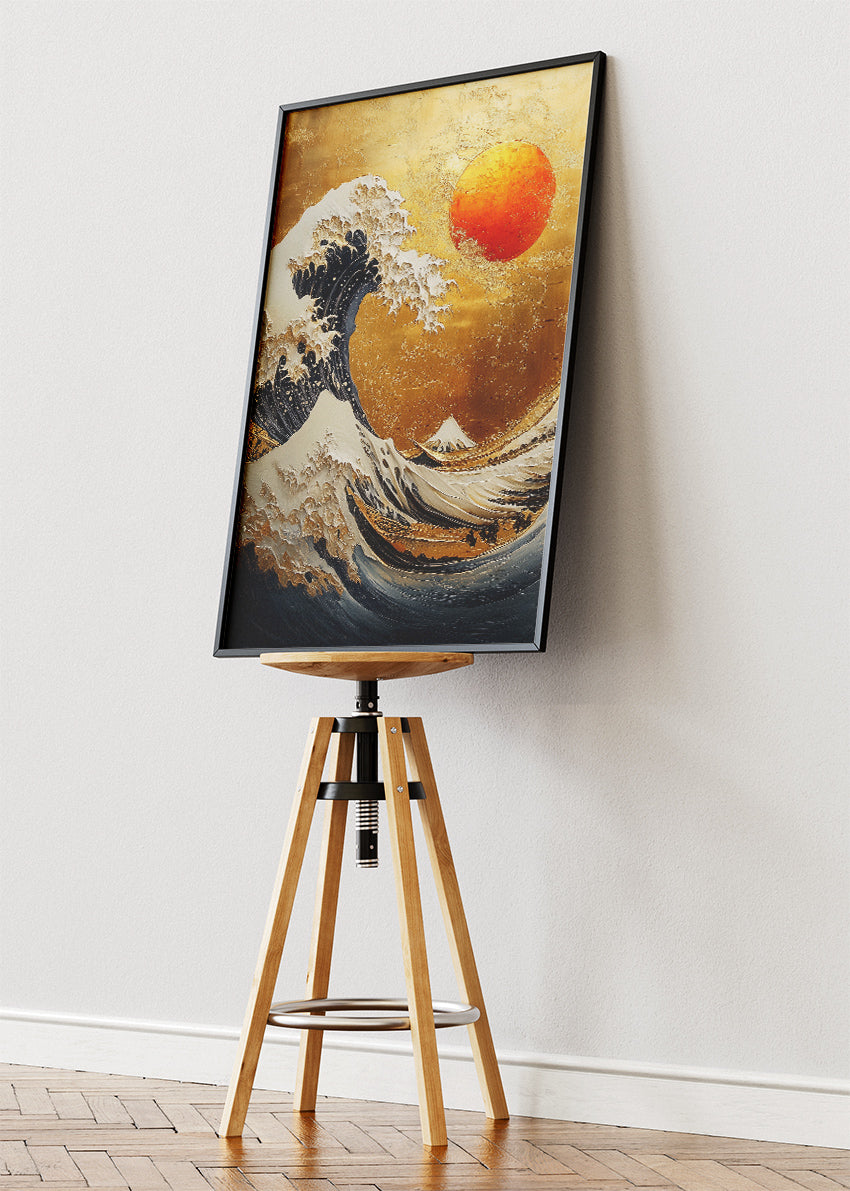 Golden Wave Under Crimson Sun – Japanese Inspired Ocean Wall Art Poster & Canvas – AI PRINT LAB