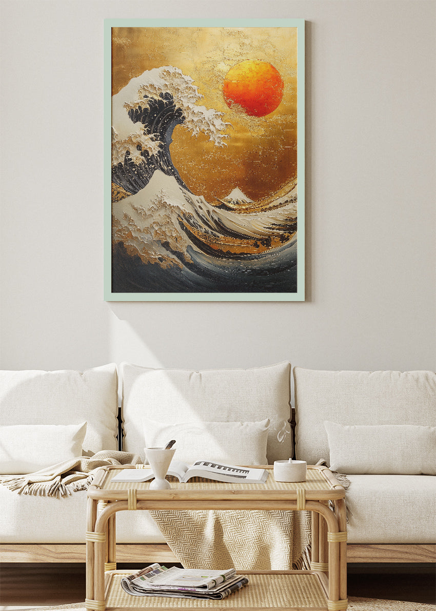 Golden Wave Under Crimson Sun – Japanese Inspired Ocean Wall Art Poster & Canvas – AI PRINT LAB