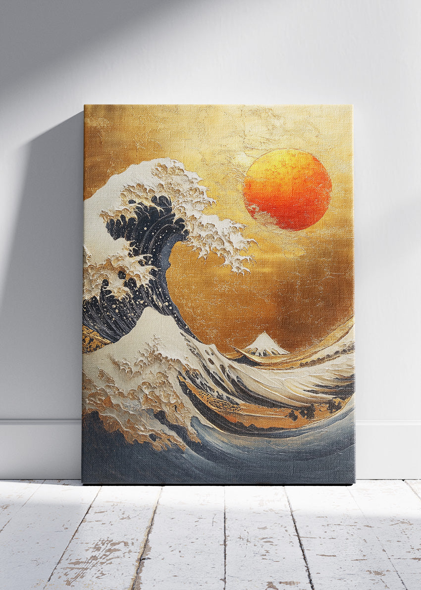 Golden Wave Under Crimson Sun – Japanese Inspired Ocean Wall Art Poster & Canvas – AI PRINT LAB
