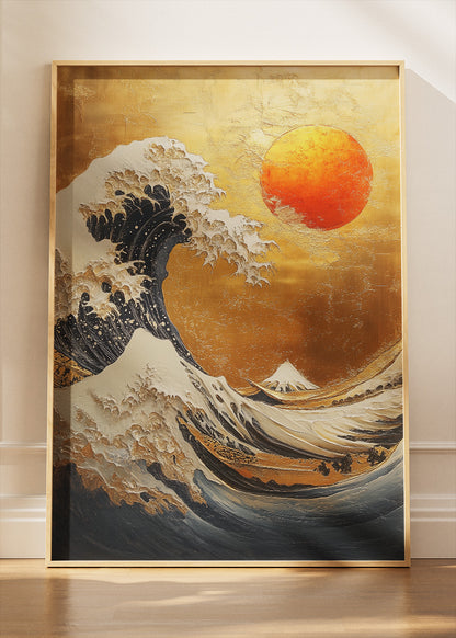 Golden Wave Under Crimson Sun – Japanese Inspired Ocean Wall Art Poster & Canvas – AI PRINT LAB