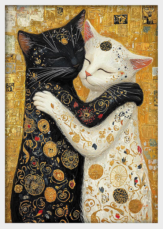 Golden Hug Cats Canvas Wall Art & Poster Print | Klimt-Inspired Romantic Feline Painting – T1336 – Aiprintlab