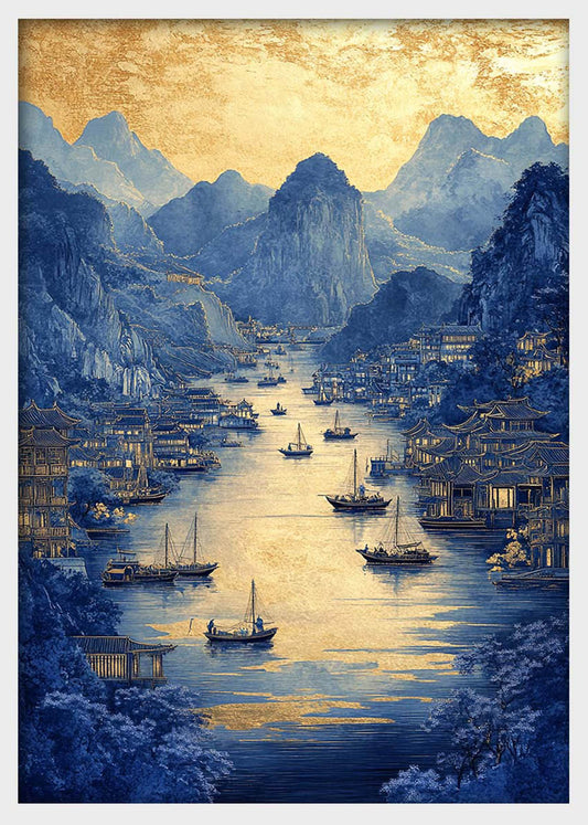 Golden River Tranquility Canvas Wall Art & Poster Print | Asian Landscape with Boats – T1372 – Aiprintlab
