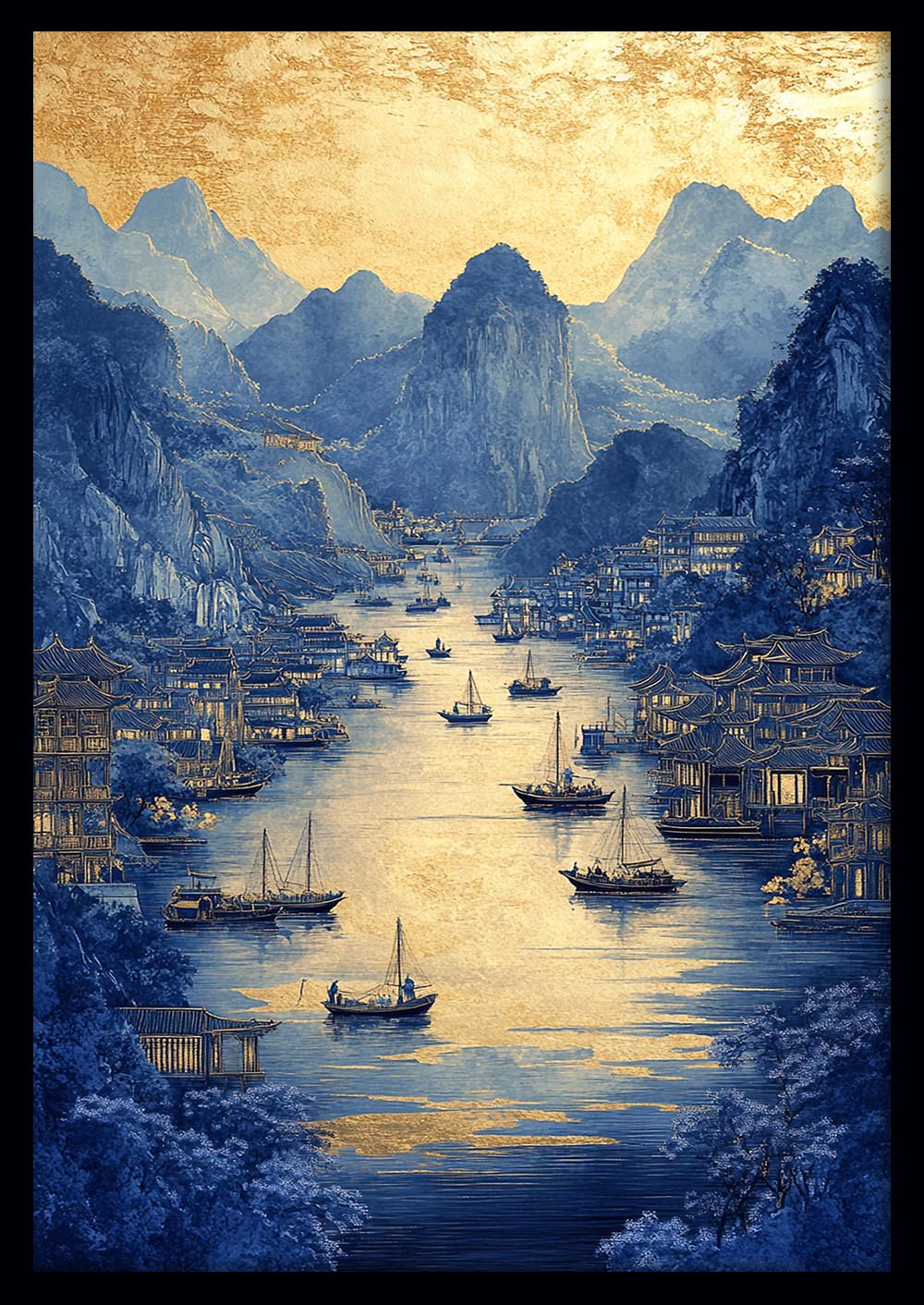 Golden River Tranquility Canvas Wall Art & Poster Print | Asian Landscape with Boats – T1372 – Aiprintlab 1