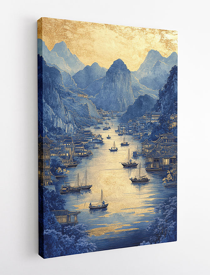 Golden River Tranquility Canvas Wall Art & Poster Print | Asian Landscape with Boats – T1372 – Aiprintlab 2