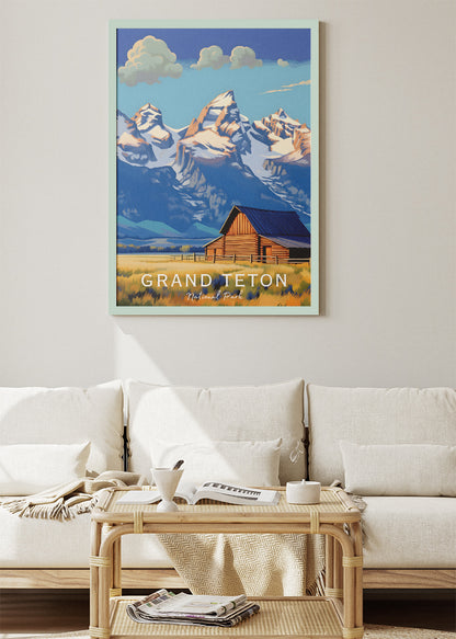 Grand Teton National Park Poster & Canvas Print – Mountain Barn Landscape Illustration Wall Art