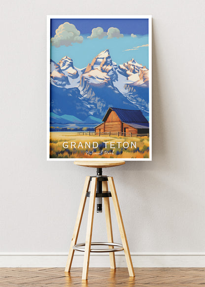 Grand Teton National Park Poster & Canvas Print – Mountain Barn Landscape Illustration Wall Art