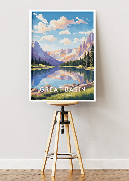 Great Basin National Park Poster & Canvas Print – Mountain Lake Landscape Illustration Wall Art