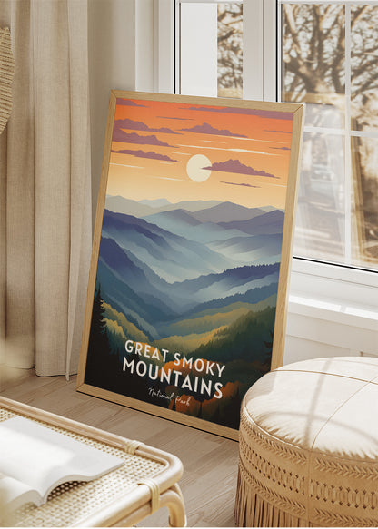 Great Smoky Mountains National Park Poster & Canvas Print – Misty Mountain Sunset Illustration Wall Art