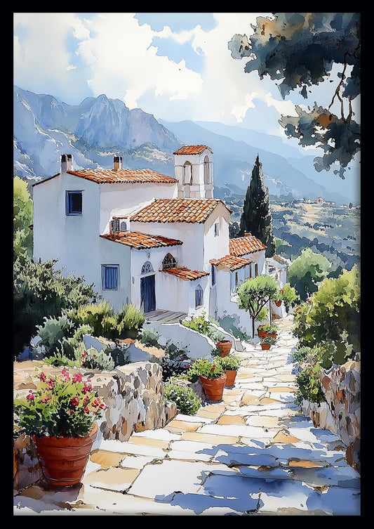 Greek Village Pathway – Mediterranean Watercolor Landscape Canvas & Poster – T1423 –
