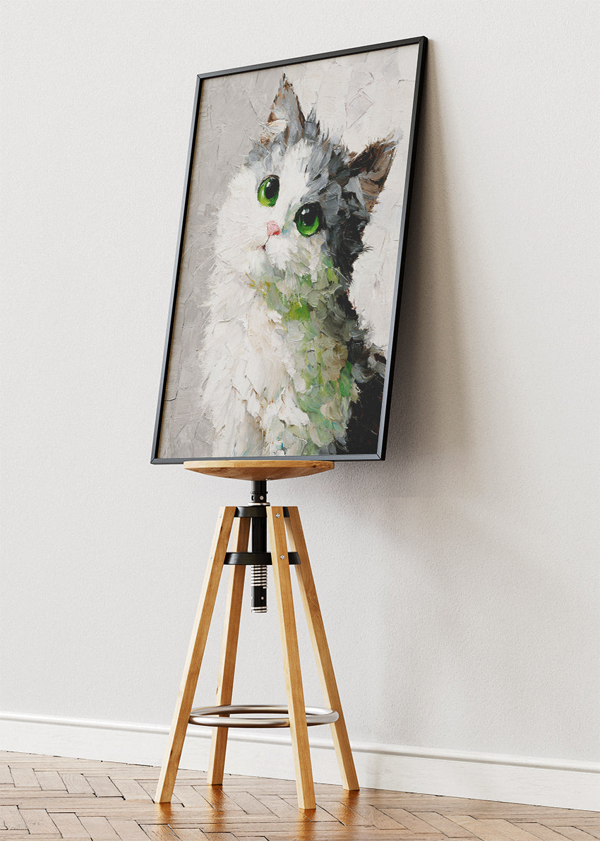 Green-Eyed Cat Painting Poster & Canvas Print – Textured Brushstroke Feline Art