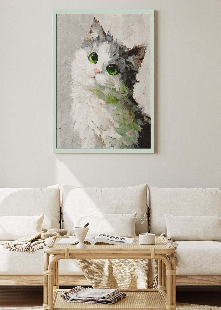 Green-Eyed Cat Painting Poster & Canvas Print – Textured Brushstroke Feline Art