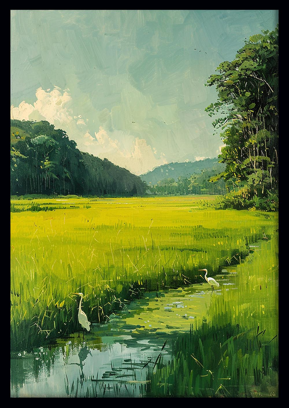 Green Marsh Landscape with Egrets – Serene Nature Canvas & Poster Wall Art – T1165 – AiPrintLab