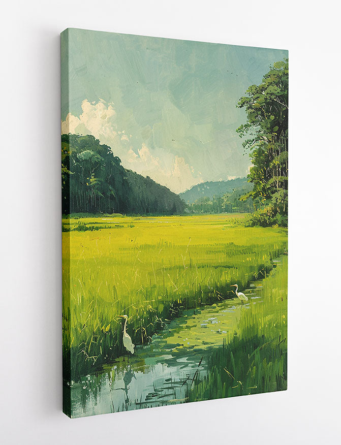 Green Marsh Landscape with Egrets – Serene Nature Canvas & Poster Wall Art – T1165 – AiPrintLab