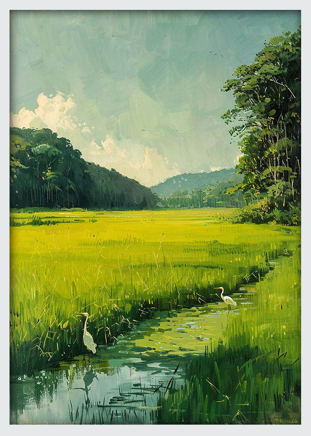 Green Marsh Landscape with Egrets – Serene Nature Canvas & Poster Wall Art – T1165 – AiPrintLab