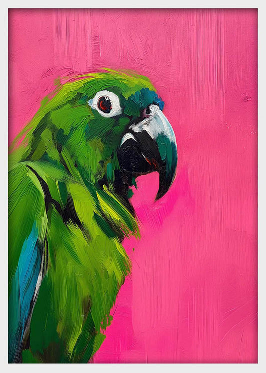 Green Parrot on Bright Pink – Bold Tropical Bird Canvas & Poster Wall Art – T1290 – AiPrintLab