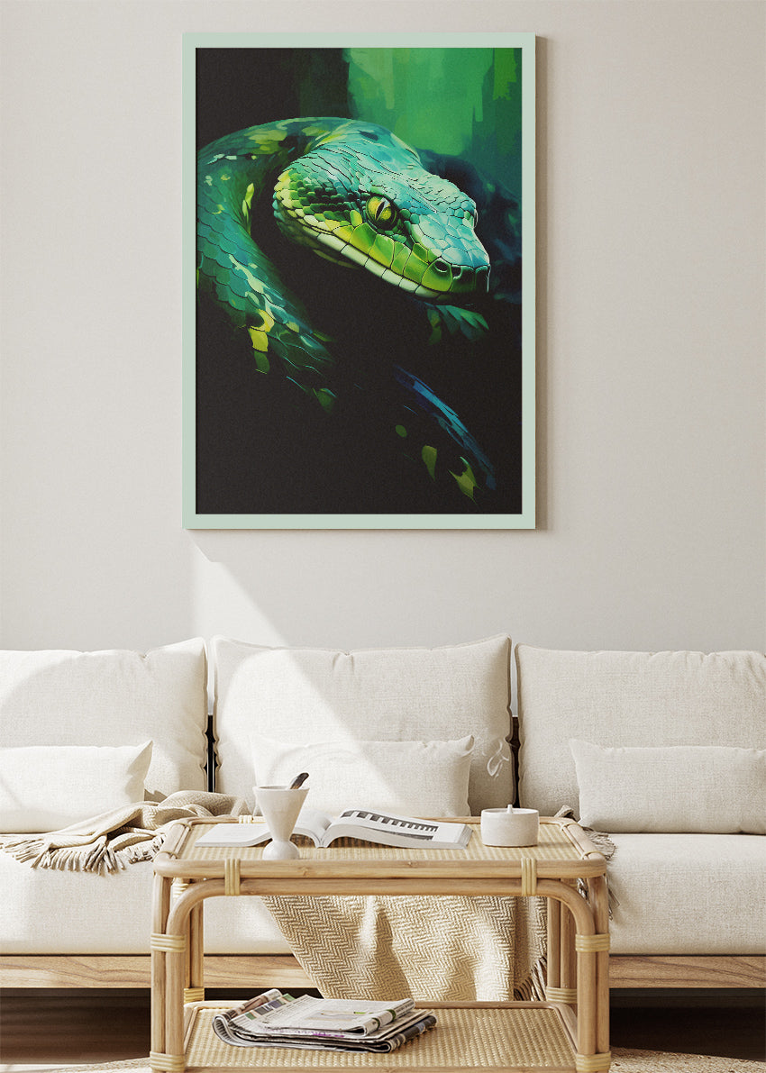 Green Snake Wall Art Print & Canvas – Dark Modern Reptile Artwork