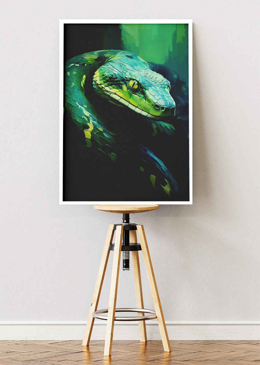 Green Snake Wall Art Print & Canvas – Dark Modern Reptile Artwork