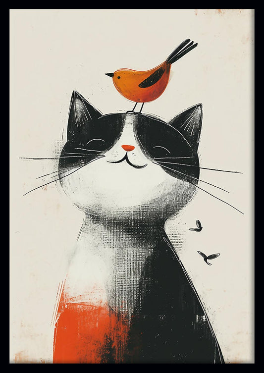 Happy Cat with Orange Bird Art Print & Canvas – T743 – AiPrintLab