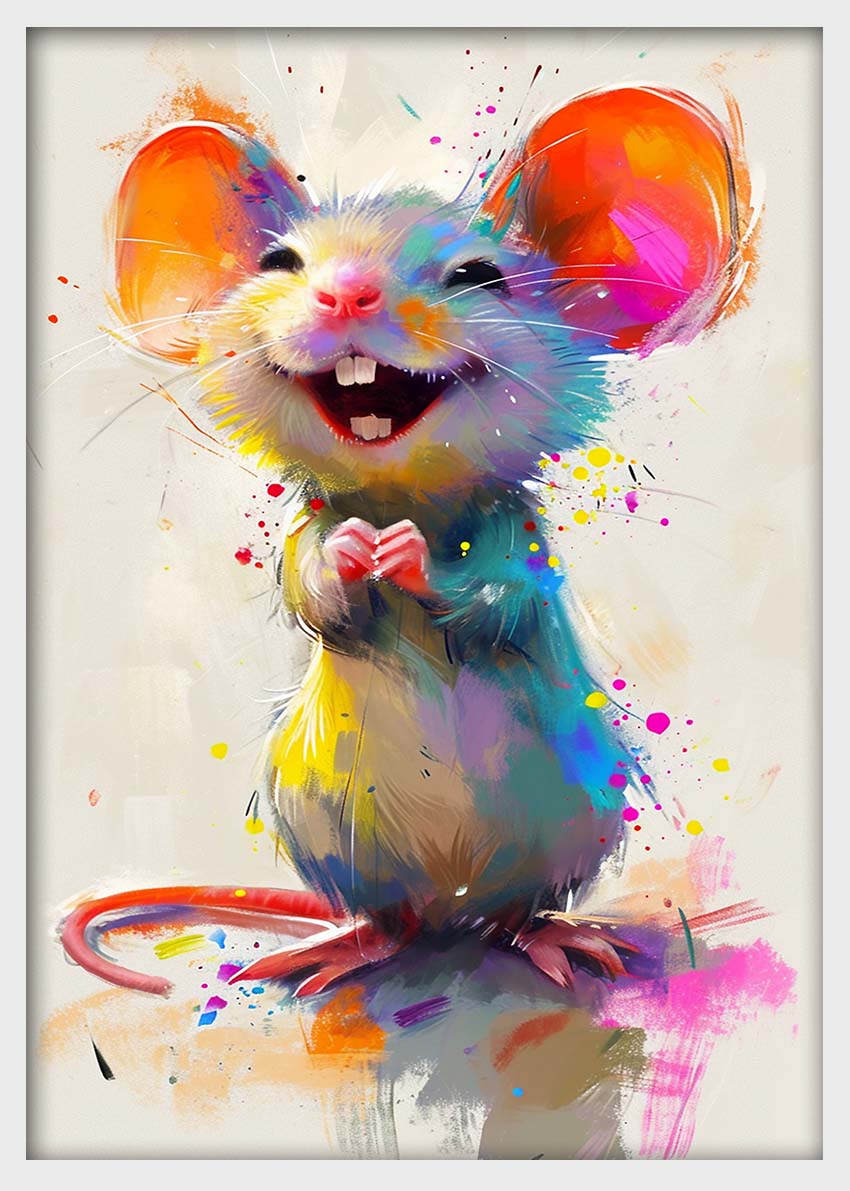 Happy Colorful Mouse Wall Art – Playful Animal Canvas & Poster Print – T1458 –