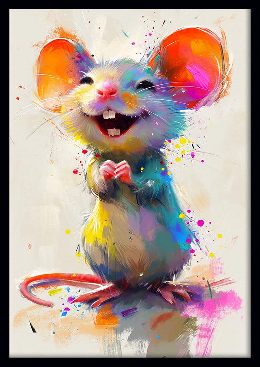 Happy Colorful Mouse Wall Art – Playful Animal Canvas & Poster Print – T1458 –