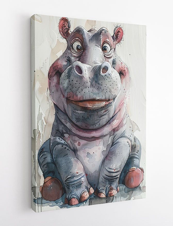 Happy Hippo Watercolor – Playful Animal Canvas & Poster Wall Art – T1201 – AiPrintLab