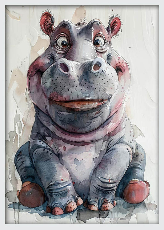 Happy Hippo Watercolor – Playful Animal Canvas & Poster Wall Art – T1201 – AiPrintLab