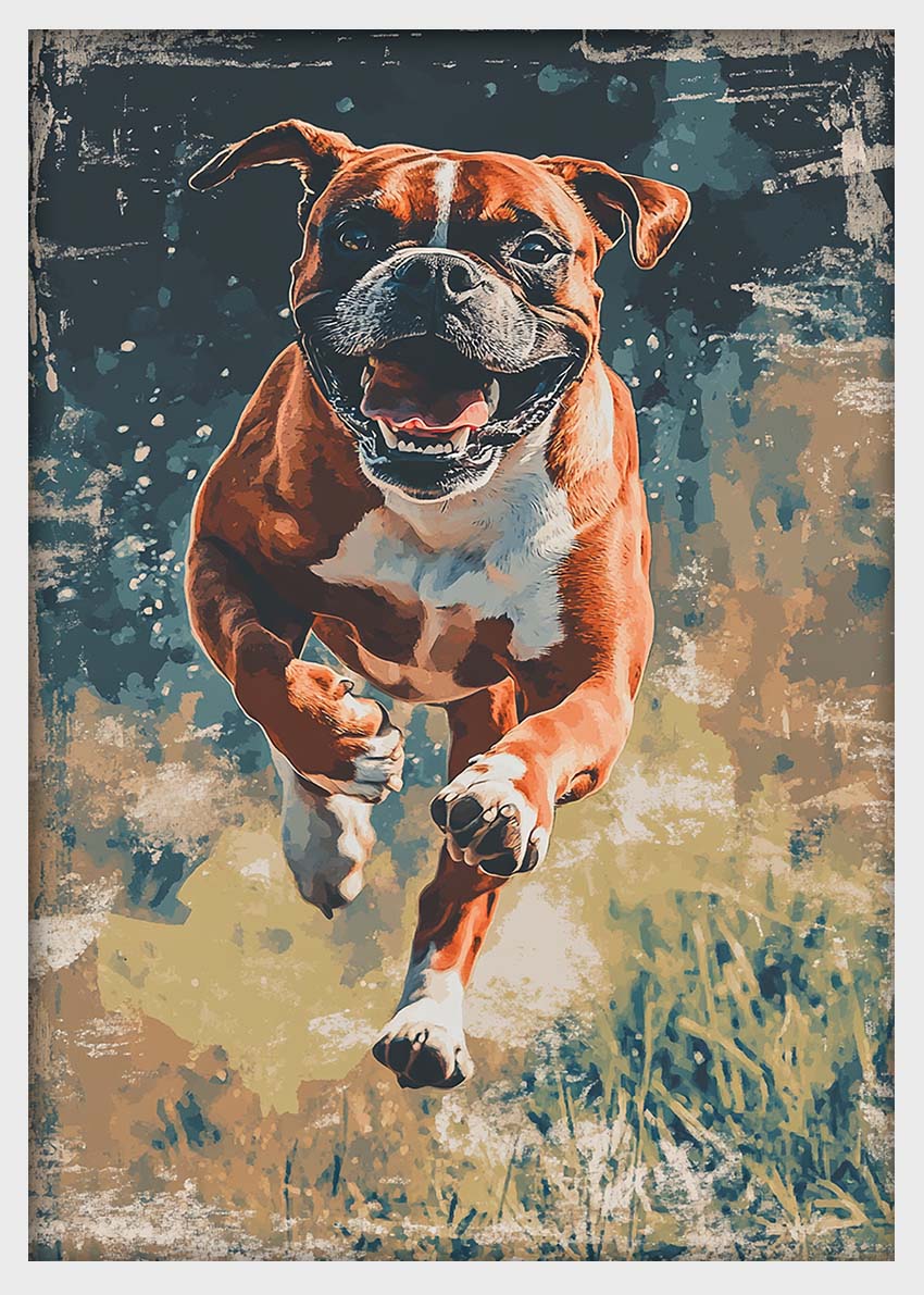 Happy Running Boxer Dog Wall Art – Energetic Pet Canvas & Poster Print – T1455 –