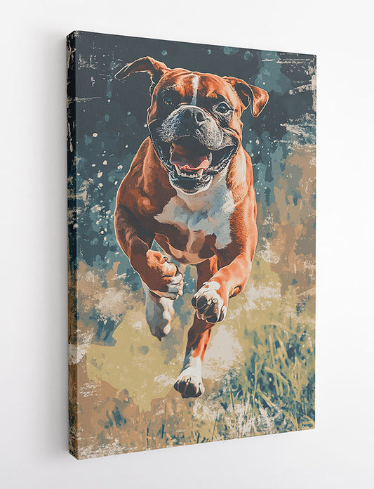 Happy Running Boxer Dog Wall Art – Energetic Pet Canvas & Poster Print – T1455 –