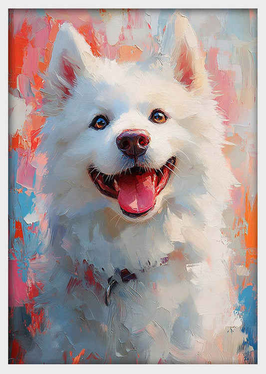 Happy White Dog Canvas Wall Art & Poster Print | Fluffy Puppy Portrait Painting – T1313 – AiPrintlab