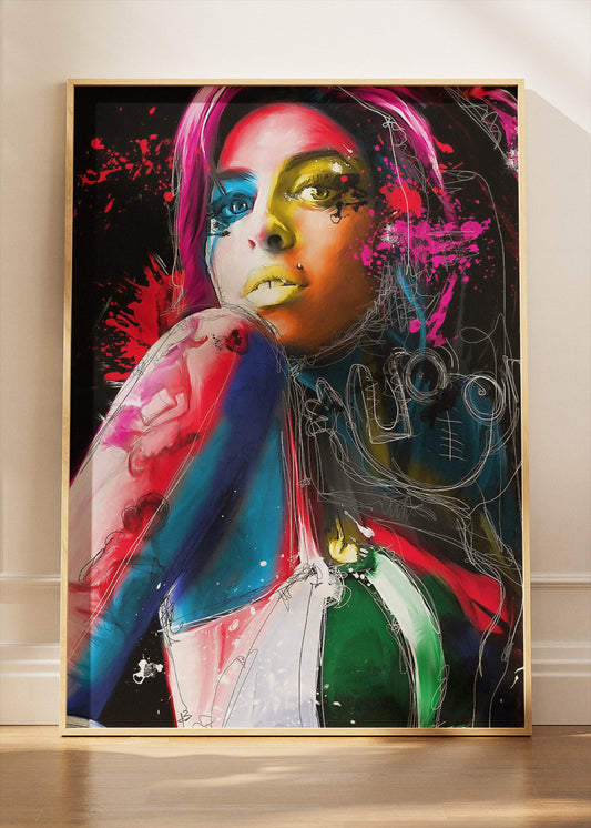 Harley Quinn Neon Pop Art Portrait Wall Art Poster & Canvas Print